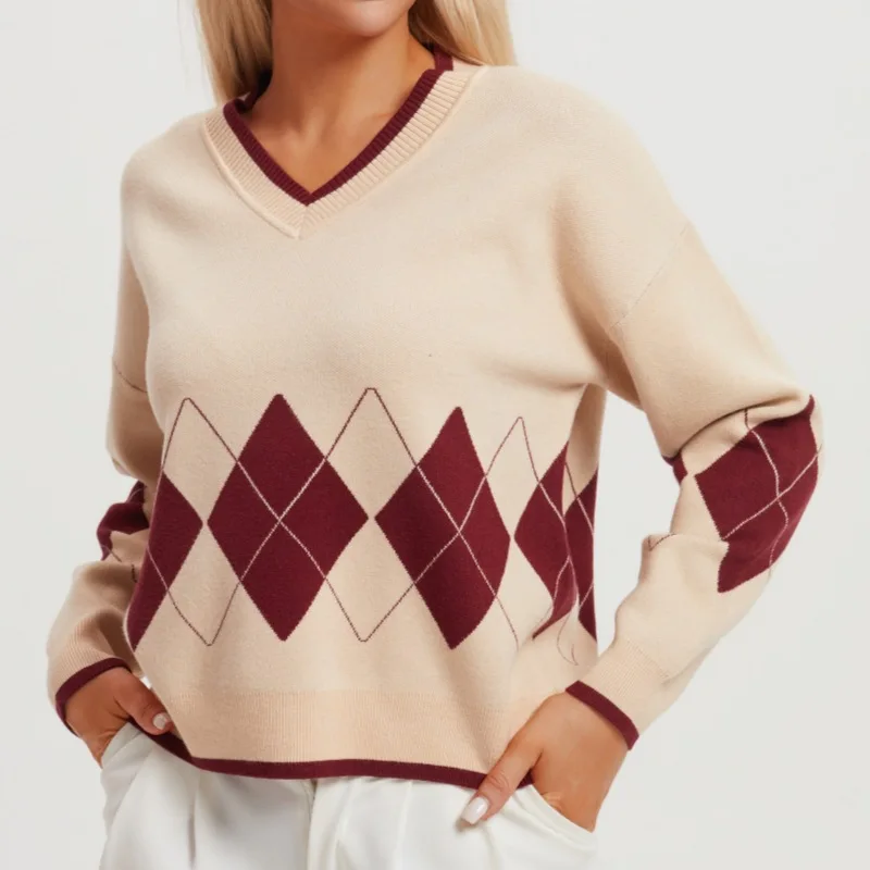 Loose Long Sleeve V-Neck Knitted Sweater Women's Winter Outerwear Diamond Pattern Cross-Border Early Autumn Fashion Design
Loose Long Sleeve V-Neck Knitted Sweater Women's Winter Outerwear Diamond Pattern Cross-Border Early Autumn Fashion Design