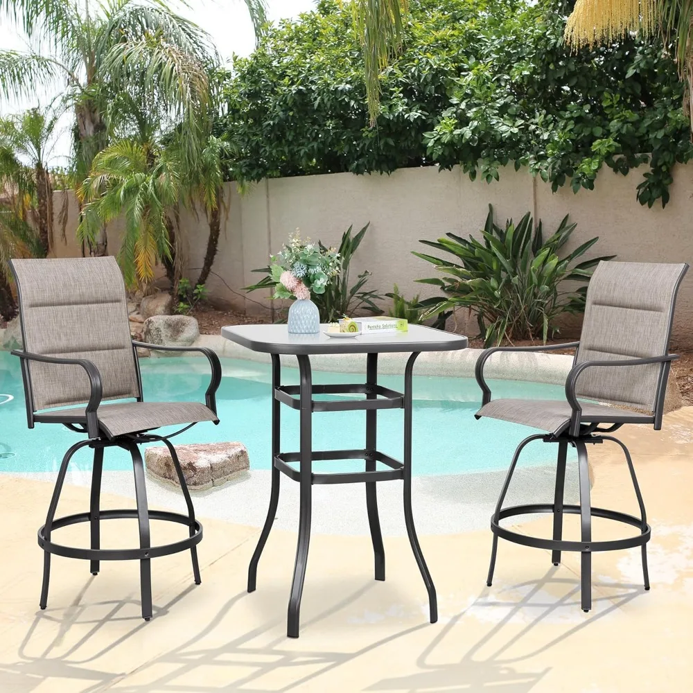 3 Piece Patio Swivel Bar Set, All Weather Mental Textilene High Swivel Bar Stools Chair Set of 2 and Glass Bar Table,
3 Piece Patio Swivel Bar Set, All Weather Mental Textilene High Swivel Bar Stools Chair Set of 2 and Glass Bar Table,