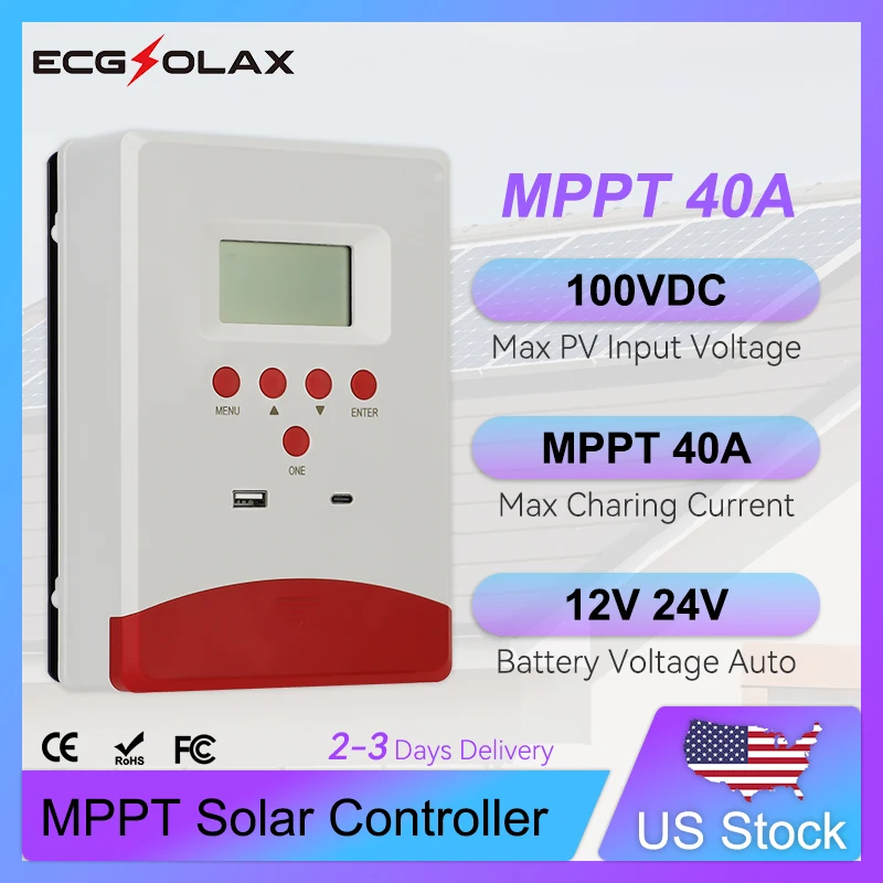 ECGSOLAX 40A MPPT Solar Charge Controller 12V 24V Solar Panel Regulator With LCD Display Solar Controller Max PV 100VDC
ECGSOLAX 40A MPPT Solar Charge Controller 12V 24V Solar Panel Regulator With LCD Display Solar Controller Max PV 100VDC