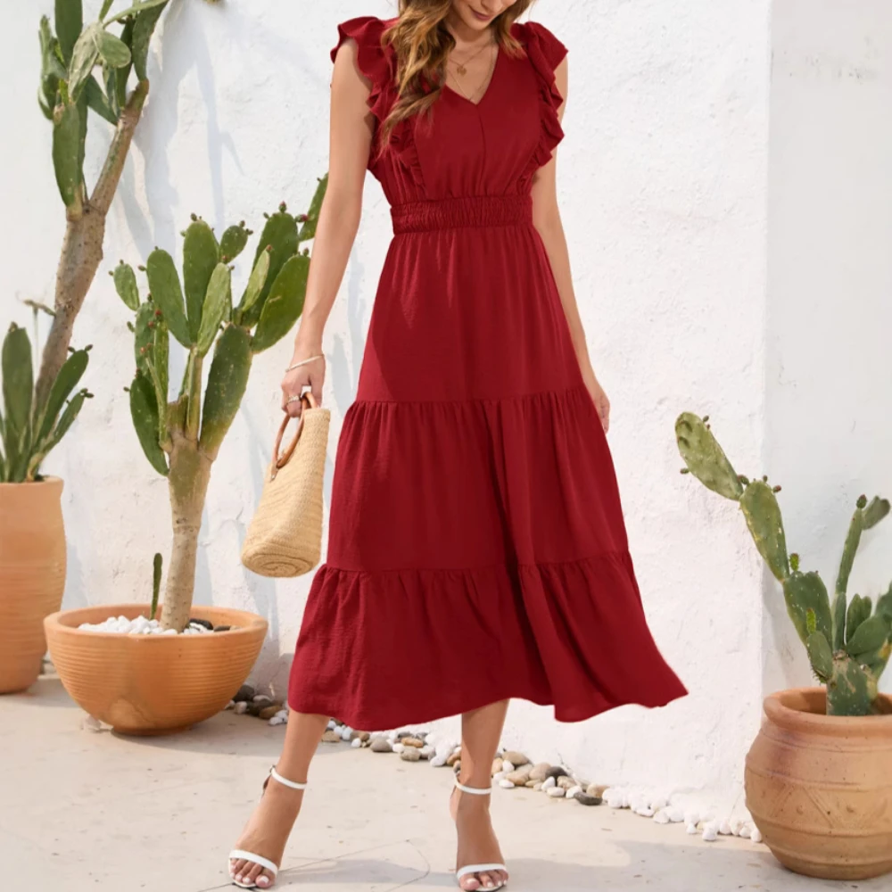 V-neck High Waist Cake Dress Summer Fashion Long Casual Vacation Travel Dresses Wine Red Women's Party Dress/vestidos
V-neck High Waist Cake Dress Summer Fashion Long Casual Vacation Travel Dresses Wine Red Women's Party Dress/vestidos