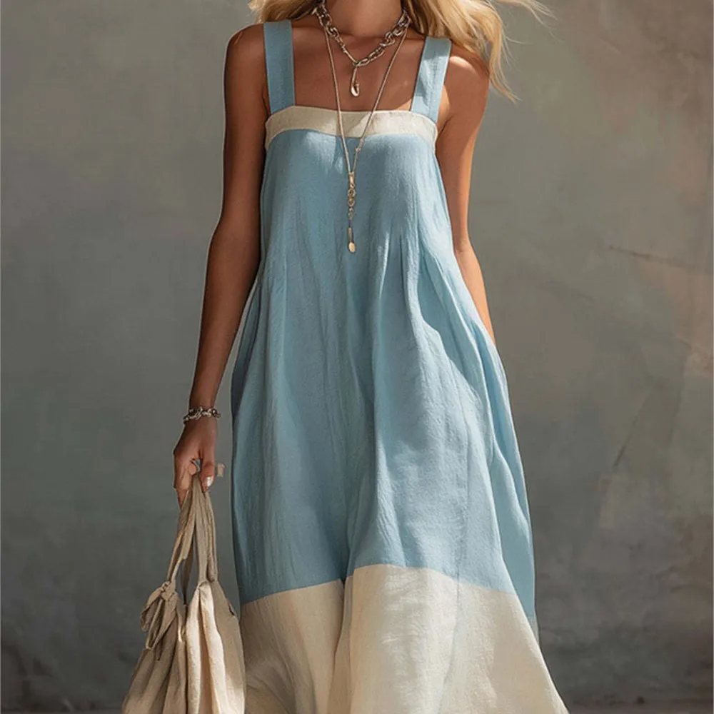 Loose Elegant Dress Summer Contrasting Color Simple Beach Resort Style Sleeveless Suspender Splicing Loose Waist Long Dresses
Loose Elegant Dress Summer Contrasting Color Simple Beach Resort Style Sleeveless Suspender Splicing Loose Waist Long Dresses