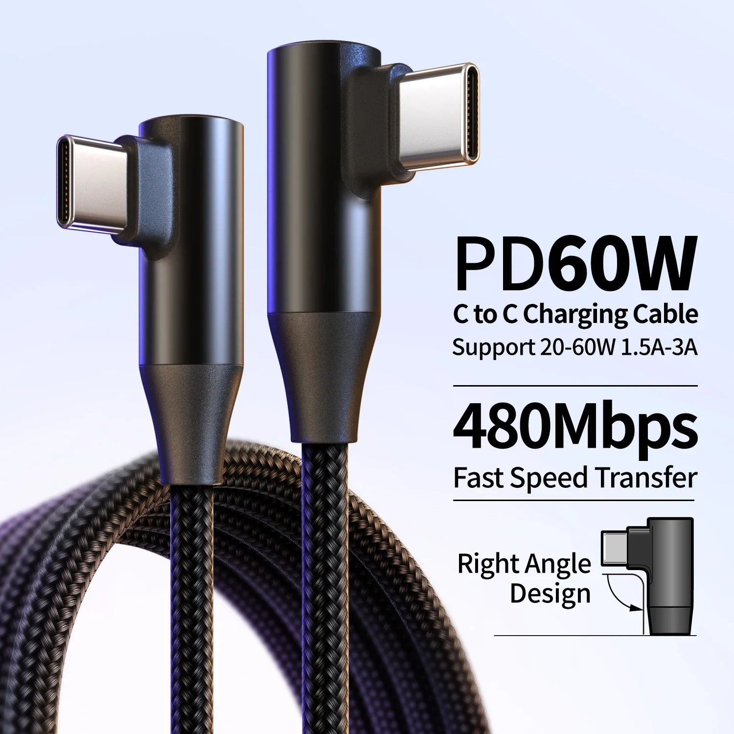 USB-C to Type-C 60W 3A Fast Charging Cable, 90° Angled Design, Nylon Braided. For Type-C phones/tablets/headphones. 25cm/50cm/1m
USB-C to Type-C 60W 3A Fast Charging Cable, 90° Angled Design, Nylon Braided. For Type-C phones/tablets/headphones. 25cm/50cm/1m