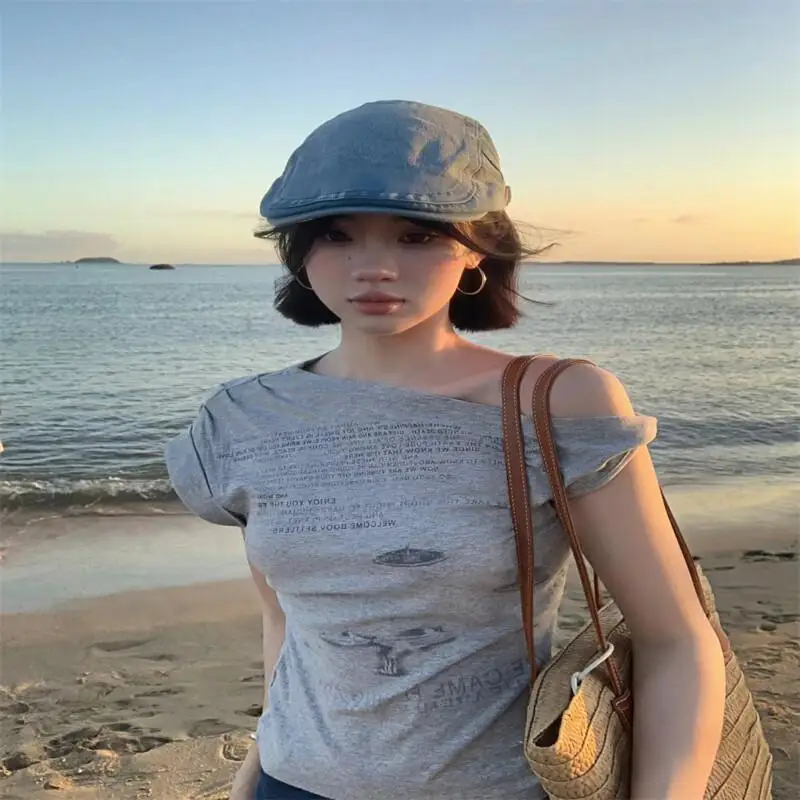 Pullover Short Sleeve T Shirt Cotton Women Summer Retro American Trendy Asymmetric Slim Fit Off Shoulder Gray Versatile Tops
Pullover Short Sleeve T Shirt Cotton Women Summer Retro American Trendy Asymmetric Slim Fit Off Shoulder Gray Versatile Tops