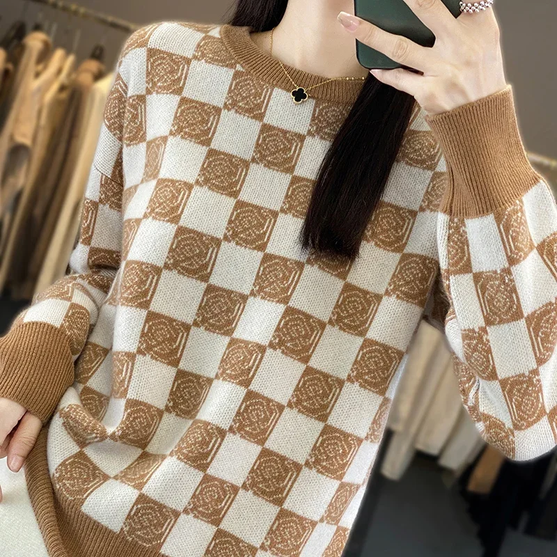Women's 100% Pure Woolen Sweater, Round Neck, Matching Color, Plaid Thick Pullover, Casual Knitting Base, Autumn and Winter, New
Women's 100% Pure Woolen Sweater, Round Neck, Matching Color, Plaid Thick Pullover, Casual Knitting Base, Autumn and Winter, New
