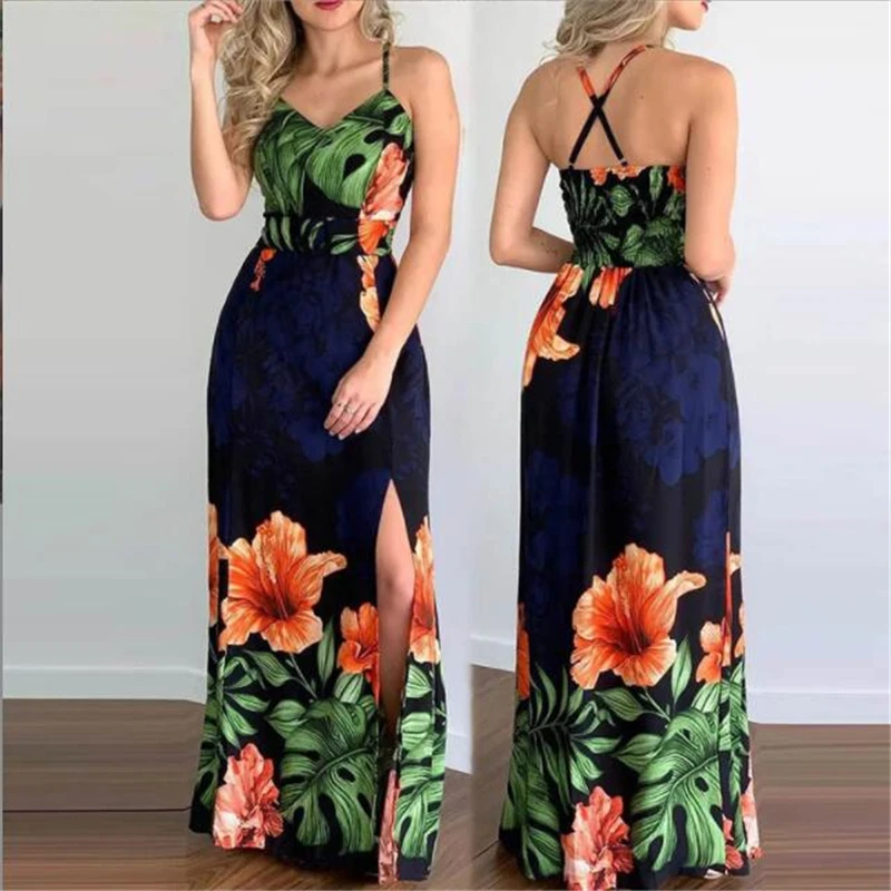 Dark Blue Trumpet Flower Women's Summer new sexy v neck slit dress printed slip dress
Dark Blue Trumpet Flower Women's Summer new sexy v neck slit dress printed slip dress