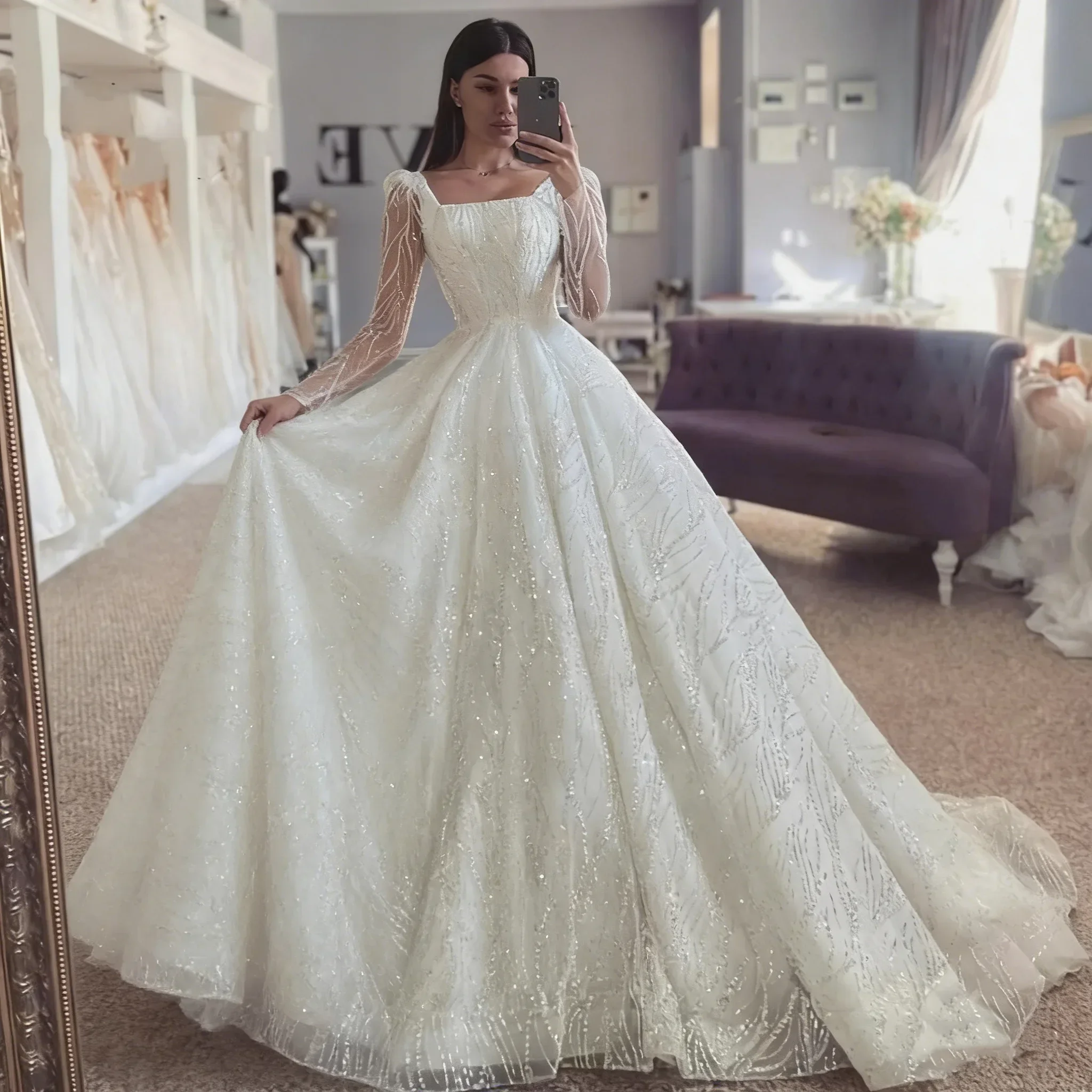 Sparkling Ball Gown Wedding Dress Square Neck Long Sleeve Princess Sparkle Bridal Dress for Women's Vestdos De Novia Customized
Sparkling Ball Gown Wedding Dress Square Neck Long Sleeve Princess Sparkle Bridal Dress for Women's Vestdos De Novia Customized