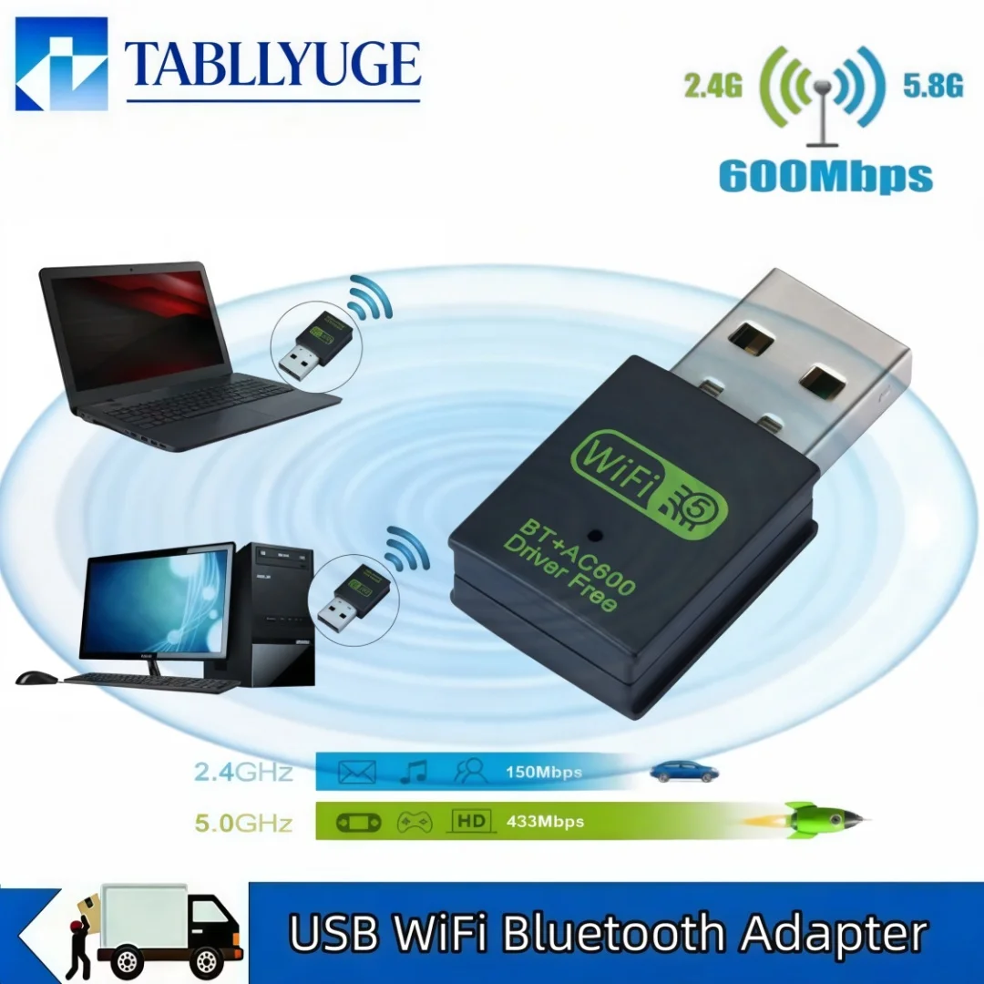 2 In 1 USB WiFi Bluetooth Adapter 600Mbps Dual Band 2.4G+5G WiFi BT4.2 Mini Dongle Wireless Receiver for Desktop Laptop PC