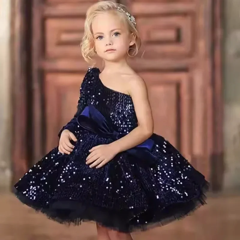 Flower Girl Dresses Navy Blue Tulle Sequin With Bow Single Shoulder For Wedding Birthday Party Holy Communion Gown Customized
Flower Girl Dresses Navy Blue Tulle Sequin With Bow Single Shoulder For Wedding Birthday Party Holy Communion Gown Customized