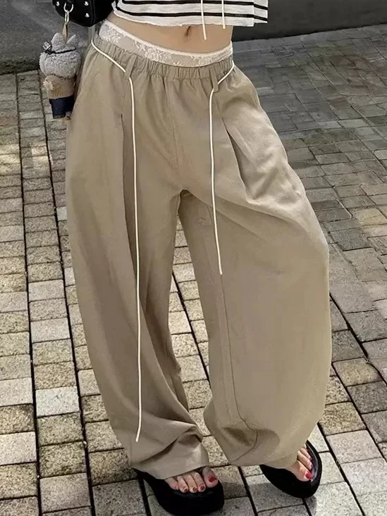 Retro Lace Trim Patchwork Casual Pants Women's Loose Wide Leg Straight Cut Floor-Length Trousers Street Style Natural Waist
Retro Lace Trim Patchwork Casual Pants Women's Loose Wide Leg Straight Cut Floor-Length Trousers Street Style Natural Waist