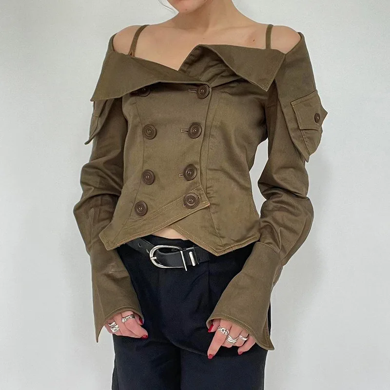 HOUZHOU Korean Coquette Aesthetic Women Blouses Autumn Off Shoulder Top Buttons Draped Cropped Shirt Cardigan Khaki Party
HOUZHOU Korean Coquette Aesthetic Women Blouses Autumn Off Shoulder Top Buttons Draped Cropped Shirt Cardigan Khaki Party