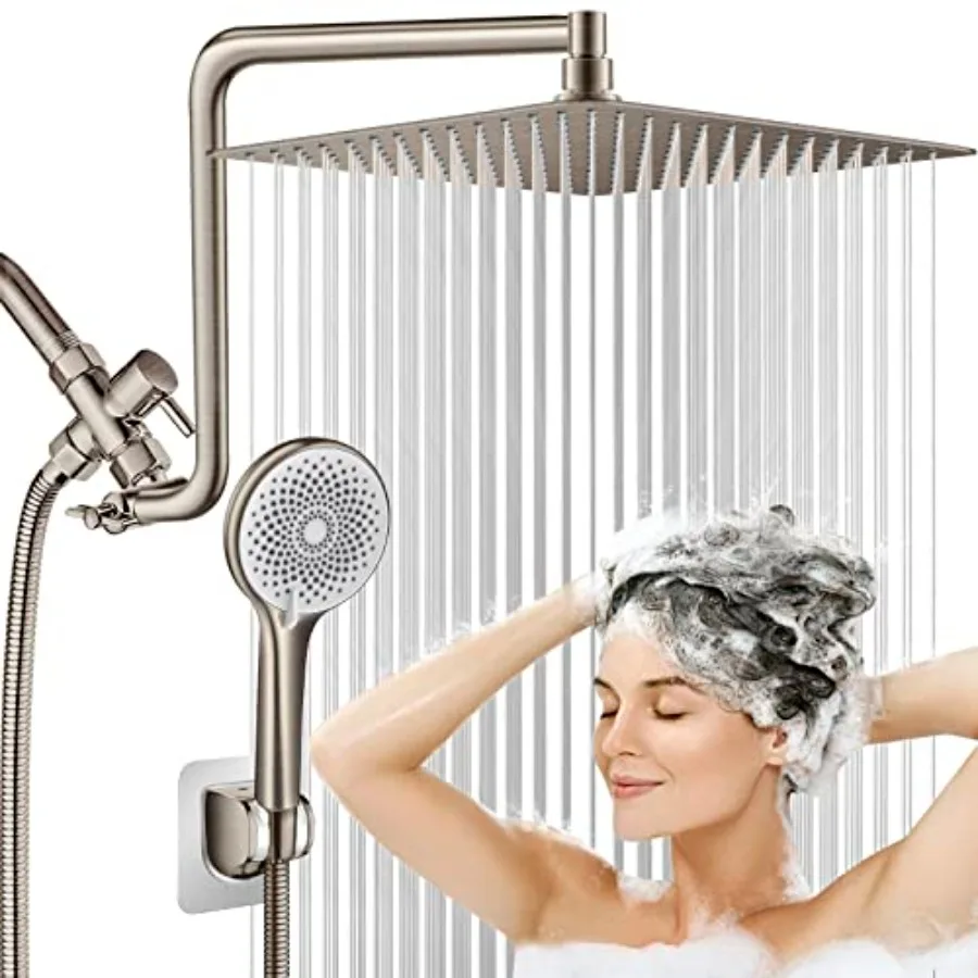 12'' Rainfall Shower Head Combo Brushed Nickel High Pressure Shower Heads with Flexible Curved Arm and 4-Setting Handheld Spray
12'' Rainfall Shower Head Combo Brushed Nickel High Pressure Shower Heads with Flexible Curved Arm and 4-Setting Handheld Spray