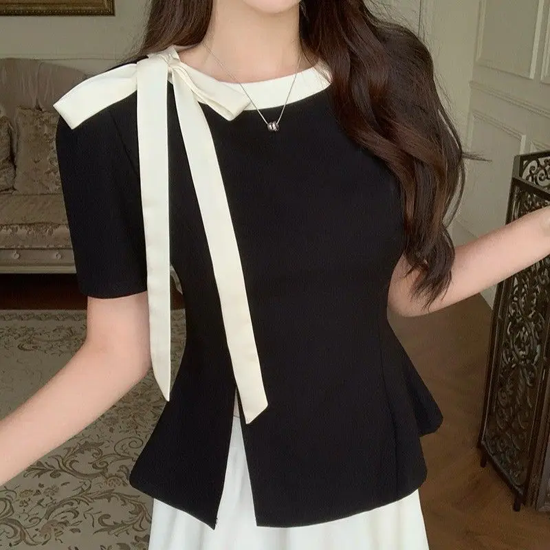 Summer Plus Size Women's New Arrival Color-Block Aristocratic Style Loose Slimming Tie Bow Split Round Neck Short Sleeve T-Shirt
Summer Plus Size Women's New Arrival Color-Block Aristocratic Style Loose Slimming Tie Bow Split Round Neck Short Sleeve T-Shirt