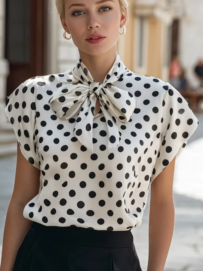 Summer Polka Dot Print Shirt with Bow Tie Short Sleeve Commuting Work Women's Versatile Top Straight Cut Intellectual Style
Summer Polka Dot Print Shirt with Bow Tie Short Sleeve Commuting Work Women's Versatile Top Straight Cut Intellectual Style