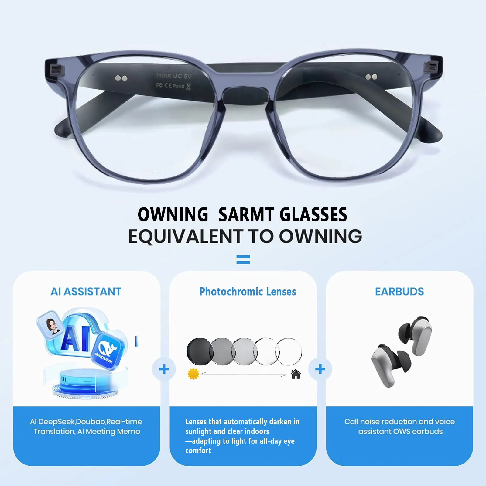 Smart Audio Glasses with Real-Time Translation Hi-Fi Music Playback Noise-Cancelling Voice Calls And Photochromic Lenses
Smart Audio Glasses with Real-Time Translation Hi-Fi Music Playback Noise-Cancelling Voice Calls And Photochromic Lenses