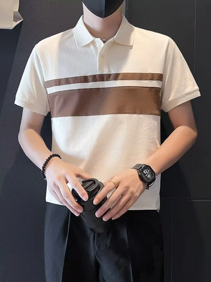 Men Spliced Polo Shirt Short Sleeve Smart Casual Contrast Collar Slim Fit Top Paired with Silk Feel Trousers
Men Spliced Polo Shirt Short Sleeve Smart Casual Contrast Collar Slim Fit Top Paired with Silk Feel Trousers
