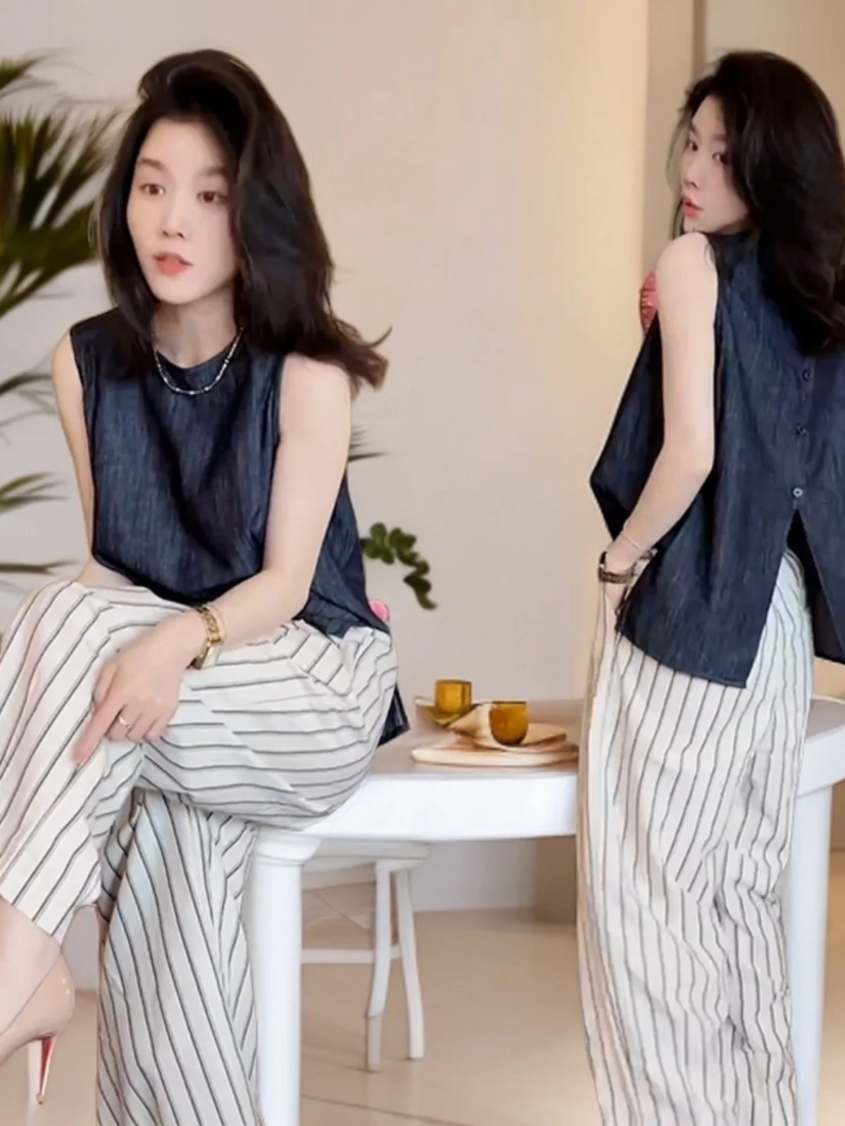 Summer 2025 Women's High Waist Wide Leg Pants Svel round Ne Design Slimming Striped Top Bot Faion Set Polyester
Summer 2025 Women's High Waist Wide Leg Pants Svel round Ne Design Slimming Striped Top Bot Faion Set Polyester
