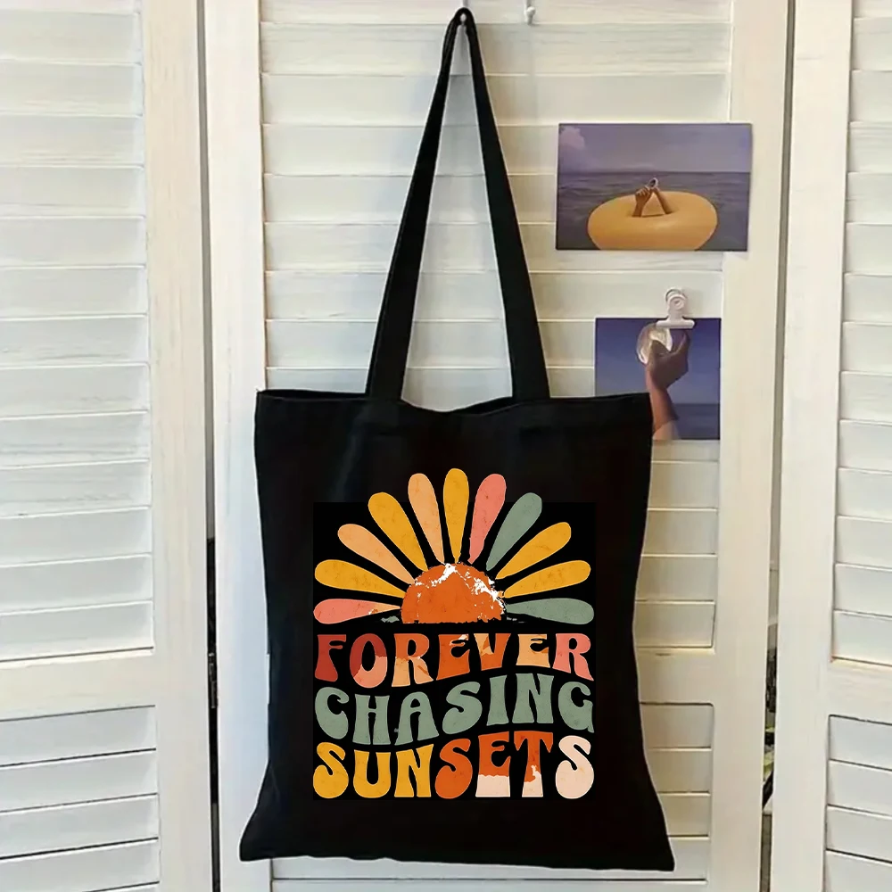 Forever Chasing Sunsets Print Black Canvas Tote Bag, Women Shoulder Bag, Retro Sun Handbag for Summer and Daily Wear
Forever Chasing Sunsets Print Black Canvas Tote Bag, Women Shoulder Bag, Retro Sun Handbag for Summer and Daily Wear