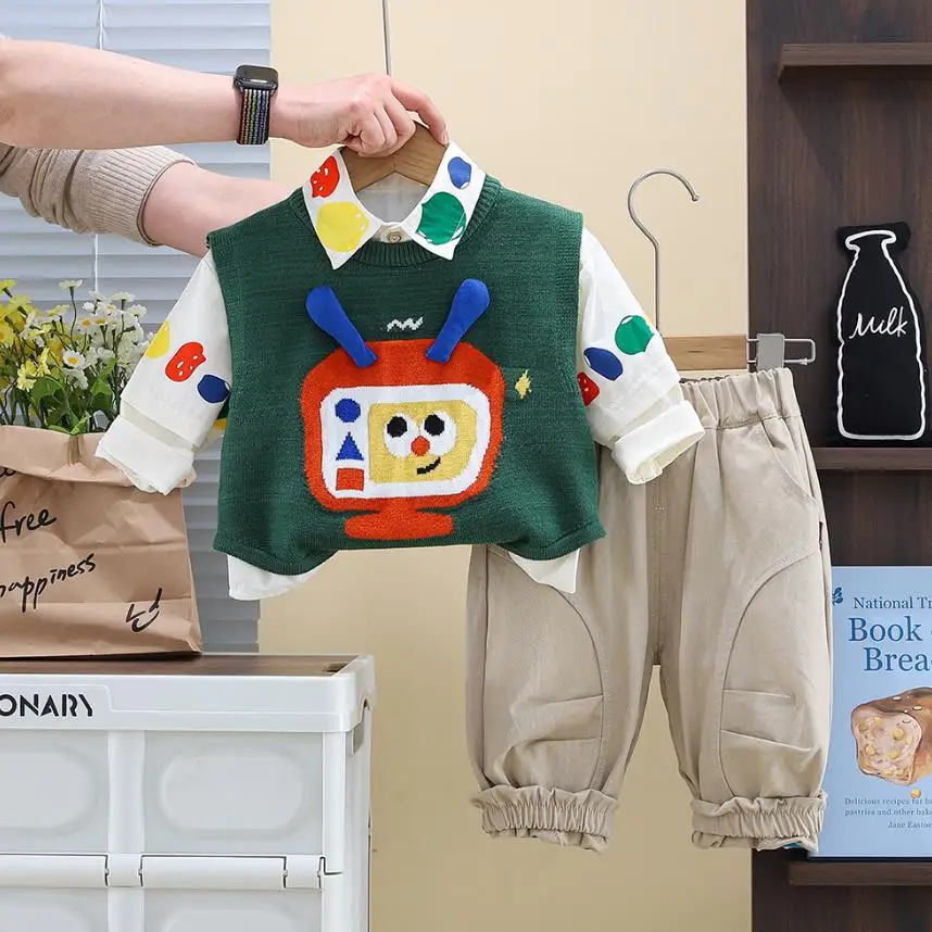 Designer Children Boys Clothing Suits Spring Autumn Cartoon Knitted Vests+Cartoon Shirts+Pants Toddler Outfits Kids Tracksuits
Designer Children Boys Clothing Suits Spring Autumn Cartoon Knitted Vests+Cartoon Shirts+Pants Toddler Outfits Kids Tracksuits