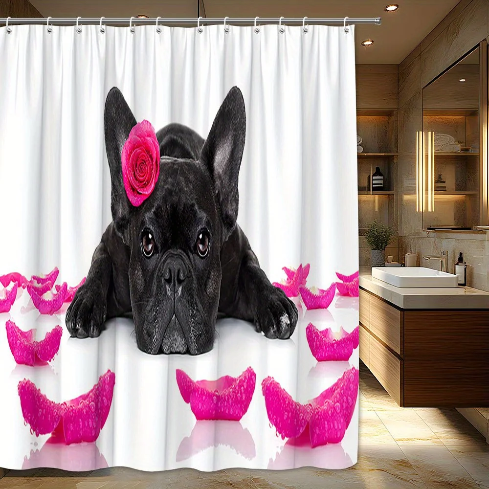 Cute French Bulldog Shower Curtain, Black Dog with Rose, Pink Petal Decor, Waterproof Bathroom Decor
Cute French Bulldog Shower Curtain, Black Dog with Rose, Pink Petal Decor, Waterproof Bathroom Decor