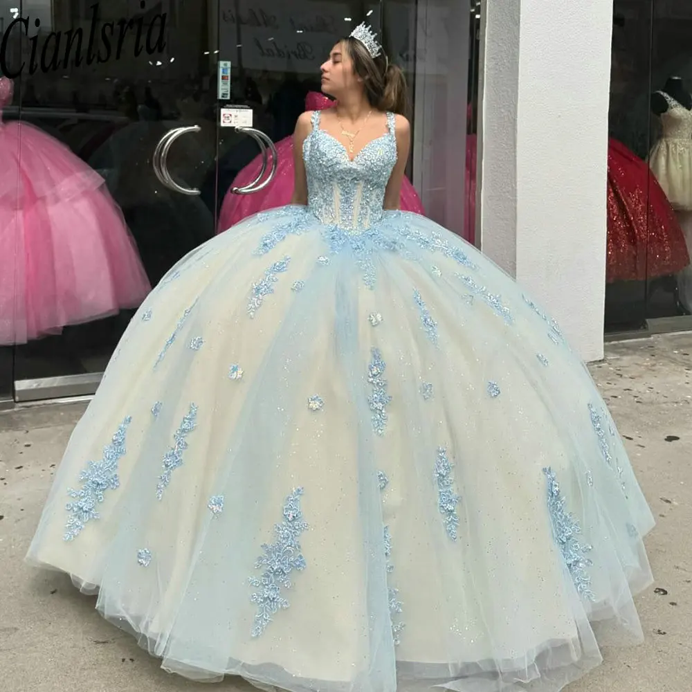 Light Blue Appliques Lace Crystal Quinceanera Dresses Ball Gown Spaghetti Strap Princess for Sweet 15 Birthday
Light Blue Appliques Lace Crystal Quinceanera Dresses Ball Gown Spaghetti Strap Princess for Sweet 15 Birthday