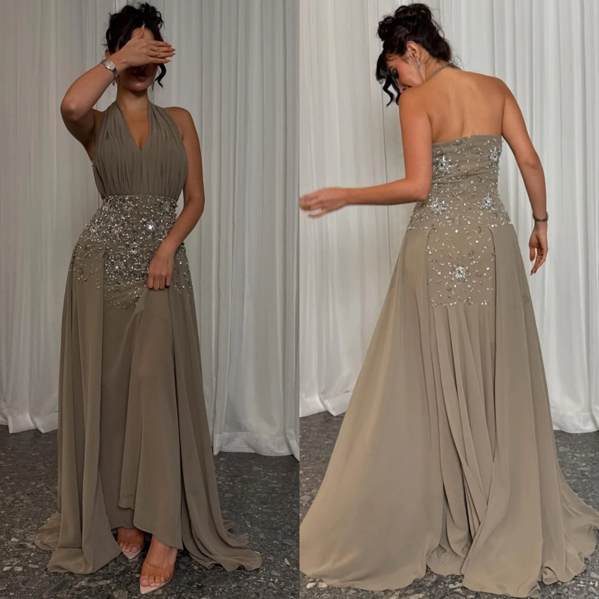 Customized Classic grey Chiffon Evening Dress Simple Halter Sleeveless Celebrity Gowns Delicate Crystal Backless Party Dresses
Customized Classic grey Chiffon Evening Dress Simple Halter Sleeveless Celebrity Gowns Delicate Crystal Backless Party Dresses