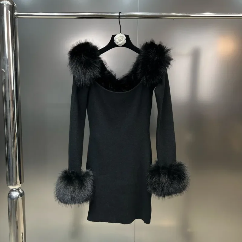 2025 New Collection Long Sleeve Round Neck Faux Fur Design Black Slim Knitted Short Dress Women
2025 New Collection Long Sleeve Round Neck Faux Fur Design Black Slim Knitted Short Dress Women