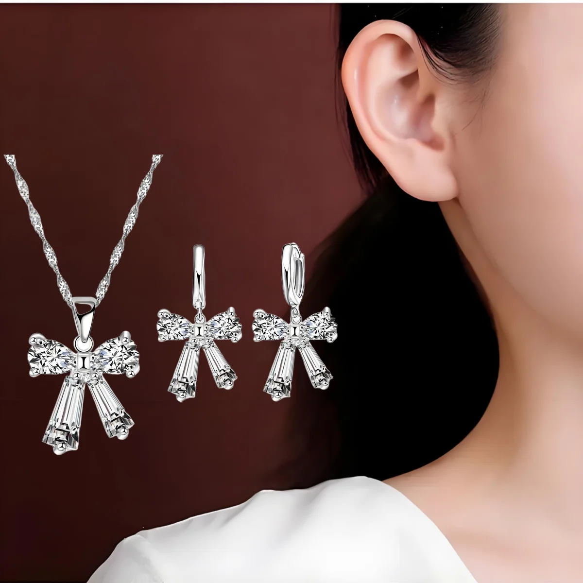 Милый стерлингового серебра 925 пробы с бантом, дизайн, кулон, ожерелье, серьги, комплект для женщин и девочек, свадебная вечеринка, модные ювелирные изделия, подарки 
Милый стерлингового серебра 925 пробы с бантом, дизайн, кулон, ожерелье, серьги, комплект для женщин и девочек, свадебная вечеринка, модные ювелирные изделия, подарки