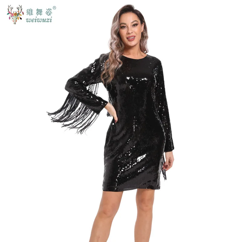 Fashion Gothic Style Round Neck Sequin Tassel Long Sleeved Slim Ball Dress Wrap The Buttocks Skirt Shining and Sparkling
Fashion Gothic Style Round Neck Sequin Tassel Long Sleeved Slim Ball Dress Wrap The Buttocks Skirt Shining and Sparkling