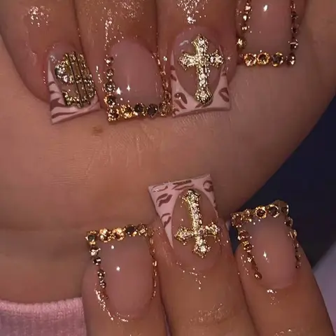10PCS Diamond French Pointed Nail Short Square Nail Nude Fake Nail With Gold Glitter Diamond Nail Leopard Print Fake Nail