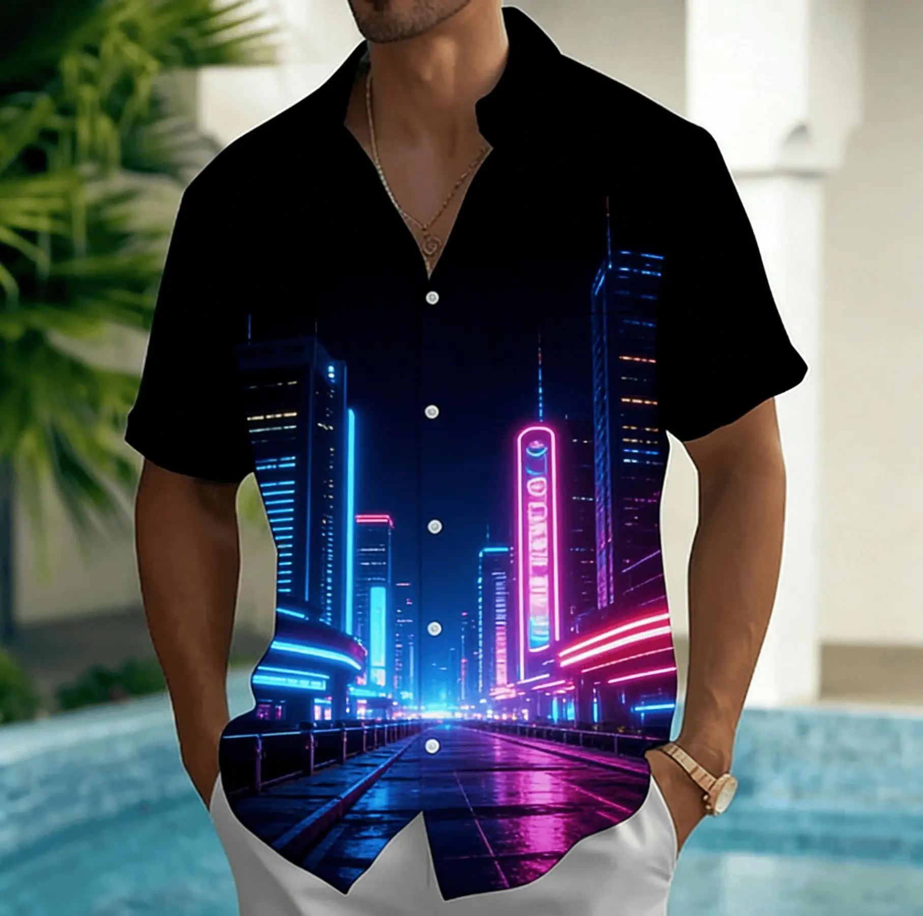 Men's Cyberpunk Neon City Night View Print Short Sleeve Shirt, Spring Summer Edgy Casual Party Blouse, Loose Casual Top
Men's Cyberpunk Neon City Night View Print Short Sleeve Shirt, Spring Summer Edgy Casual Party Blouse, Loose Casual Top