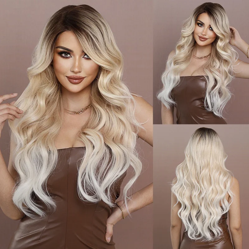 T European and American style women's wig with side parting, champagne gold gradient, large waves, synthetic fiber lace
T European and American style women's wig with side parting, champagne gold gradient, large waves, synthetic fiber lace