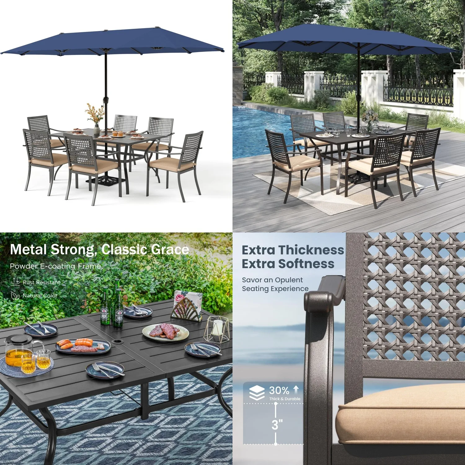 7pc Outdoor Dining Set 60in Metal Table Stackable Iron Chairs Cushions 13ft Umbrella Patio Deck Yard, Customized
7pc Outdoor Dining Set 60in Metal Table Stackable Iron Chairs Cushions 13ft Umbrella Patio Deck Yard, Customized