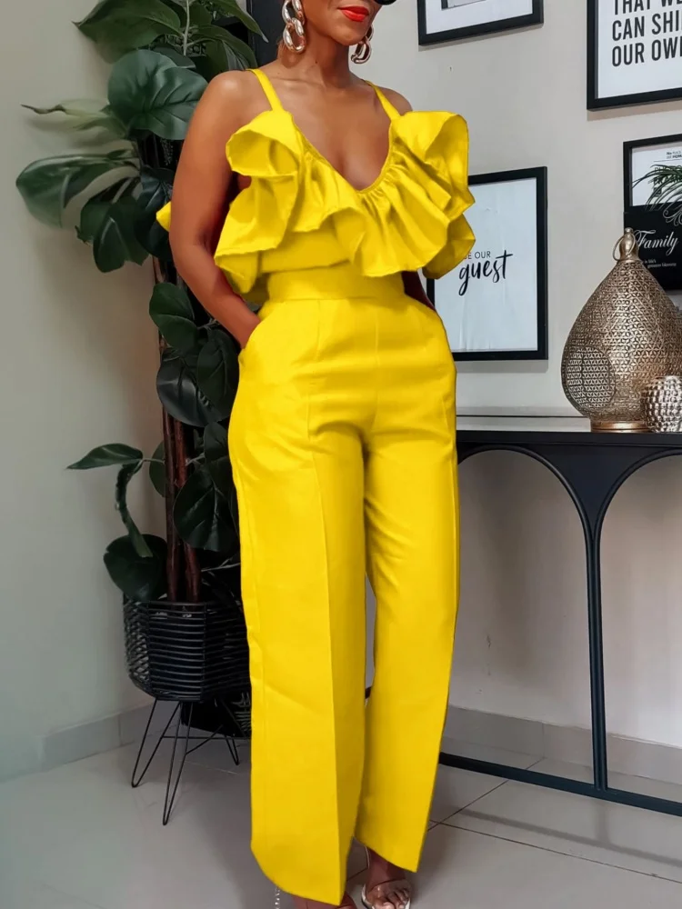Sister Star Fashion Solid Color V-neck Ruffle Halter Top High Waist Pants Set Wholesale Temperament Commuting Two-piece Suit
Sister Star Fashion Solid Color V-neck Ruffle Halter Top High Waist Pants Set Wholesale Temperament Commuting Two-piece Suit