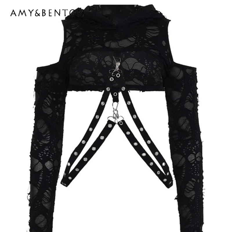 Новинка 2025 года, уникальная потертая готическая субкультура, женский топ с капюшоном и длинными рукавами, сексуальная универсальная короткая футболка с открытыми плечами, женская футболка 
Новинка 2025 года, уникальная потертая готическая субкультура, женский топ с капюшоном и длинными рукавами, сексуальная универсальная короткая футболка с открытыми плечами, женская футболка