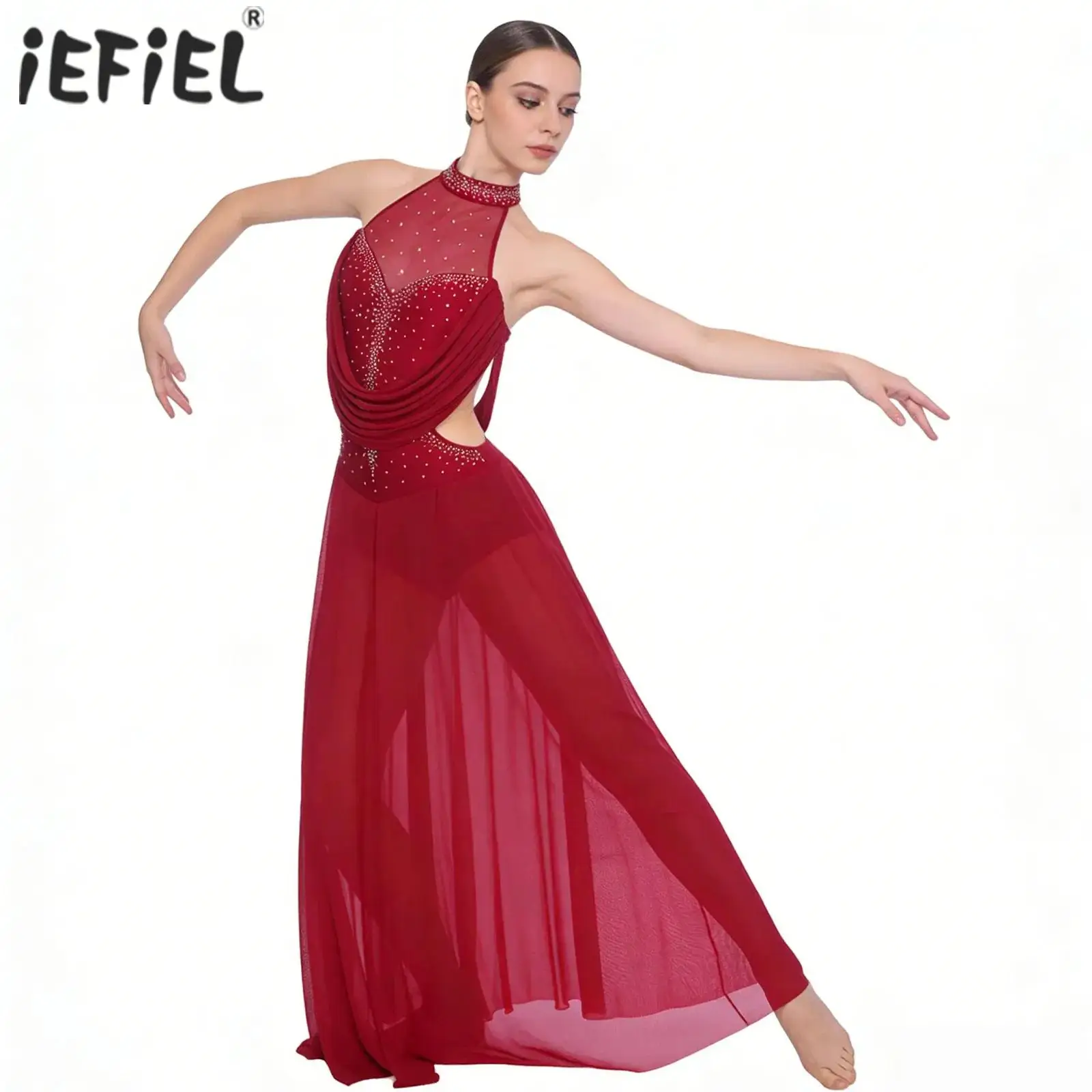 Womens Sparkly Rhinestones Ballet Lyrical Dance Performance Costume Halter Build-in Crotch Press Buttons Briefs Maxi Long Dress
Womens Sparkly Rhinestones Ballet Lyrical Dance Performance Costume Halter Build-in Crotch Press Buttons Briefs Maxi Long Dress