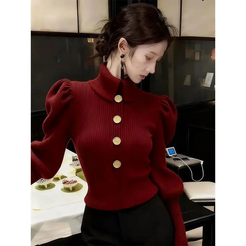 New Autumn Winter Fashion Knitted Sweater Women Elegant Slim Turtleneck Puff Sleeve Buttons Pullover Top Cashmere Knitwear
New Autumn Winter Fashion Knitted Sweater Women Elegant Slim Turtleneck Puff Sleeve Buttons Pullover Top Cashmere Knitwear