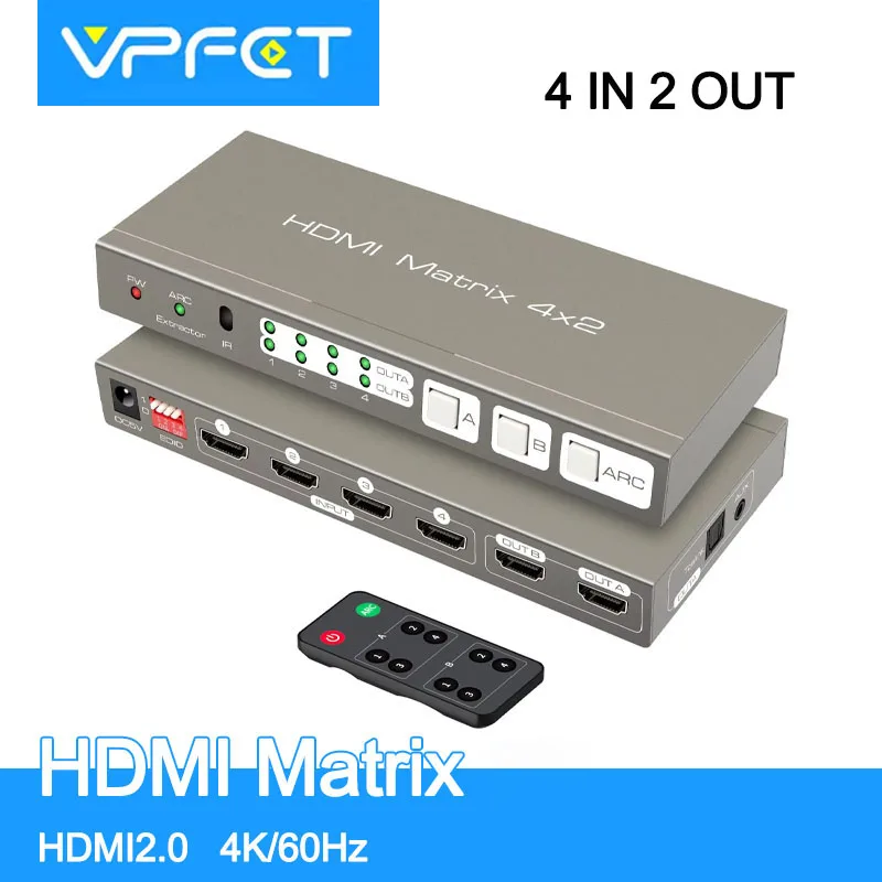 HDMI Matrix Switch 4K@60Hz HDMI 2.0b Switch 4 in 2 Out Splitter with Optical and 3.5 mm AUX Audio Output Support EDID HDCP2.2
HDMI Matrix Switch 4K@60Hz HDMI 2.0b Switch 4 in 2 Out Splitter with Optical and 3.5 mm AUX Audio Output Support EDID HDCP2.2