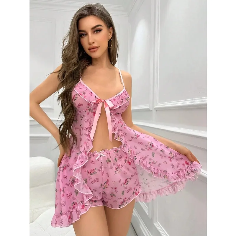 Women Sexy Floral Print Sheer Mesh Babydoll Lingerie Set with Front Open Bow and Ruffled Hem Sleepwear
Women Sexy Floral Print Sheer Mesh Babydoll Lingerie Set with Front Open Bow and Ruffled Hem Sleepwear