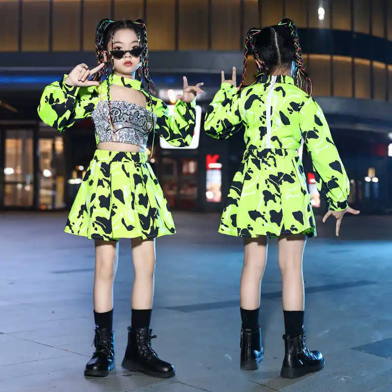 Kid Hip Hop Clothing Green Print Sequined Back Zip up Long Sleeve Crop Top Mini Skirt for Girl Jazz Dance Costume Clothes Set
Kid Hip Hop Clothing Green Print Sequined Back Zip up Long Sleeve Crop Top Mini Skirt for Girl Jazz Dance Costume Clothes Set