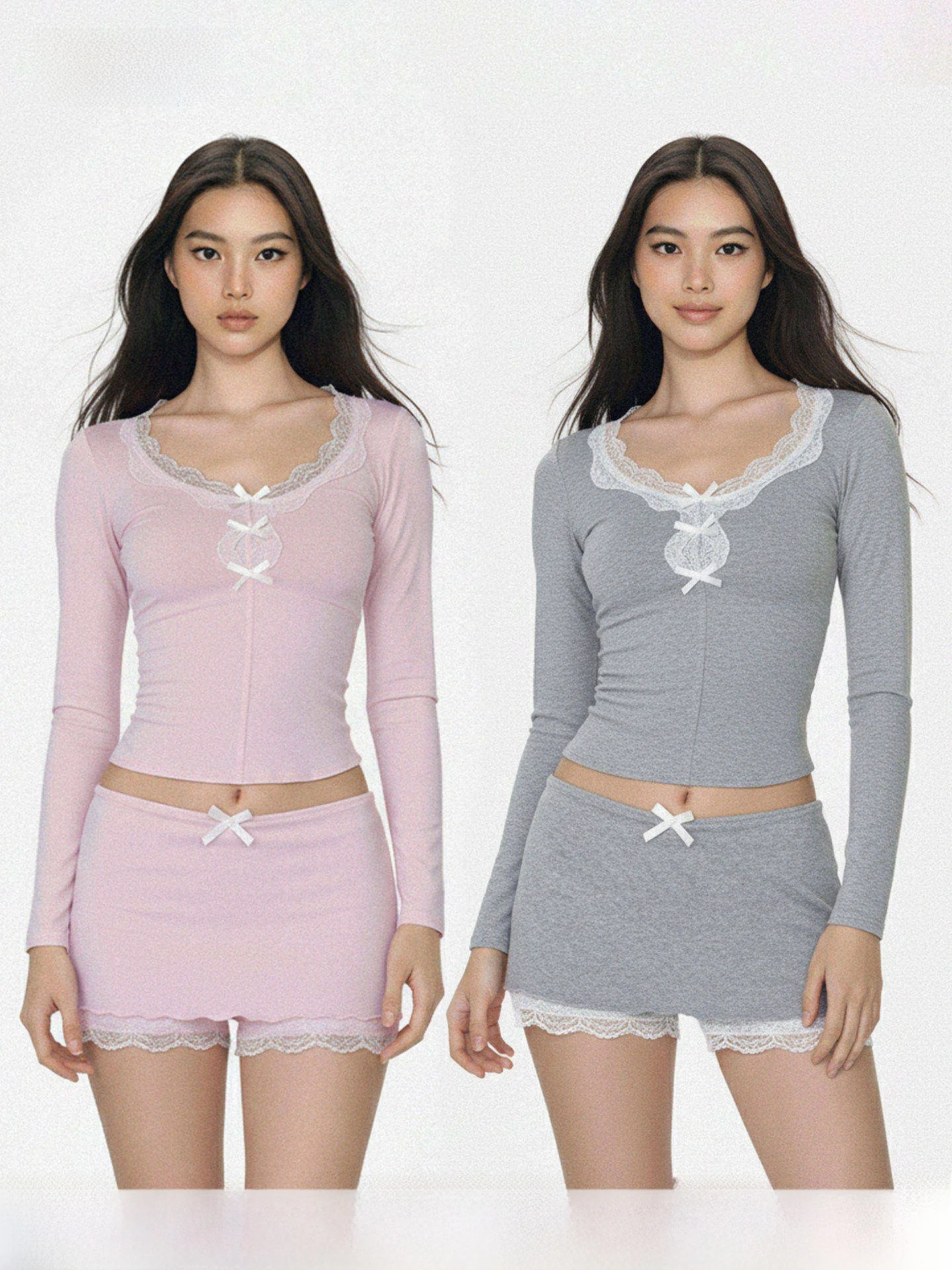 Waew Pure Desire Pink Grey Lace Trim Knot Elastic Slim Fit T-Shirt Low Waist Butt Covering Skirt Pants Set
Waew Pure Desire Pink Grey Lace Trim Knot Elastic Slim Fit T-Shirt Low Waist Butt Covering Skirt Pants Set