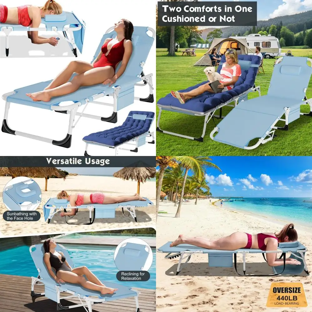 Folding Outdoor Sunbathing Chaise Lounge Chair with 5 Positions and Face Hole for Tanning, Peacock Design
Folding Outdoor Sunbathing Chaise Lounge Chair with 5 Positions and Face Hole for Tanning, Peacock Design