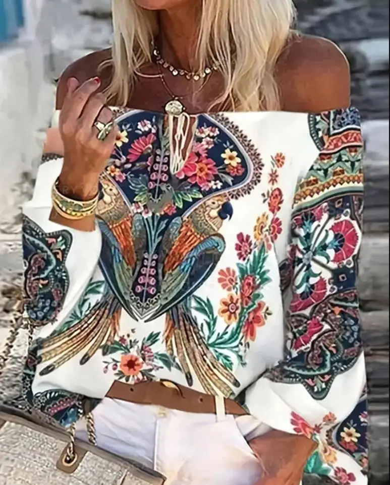 Women's Summer Off-Shoulder Printed Blouse Artistic Bird and Floral Print and Tie-Front Detail Top
Women's Summer Off-Shoulder Printed Blouse Artistic Bird and Floral Print and Tie-Front Detail Top