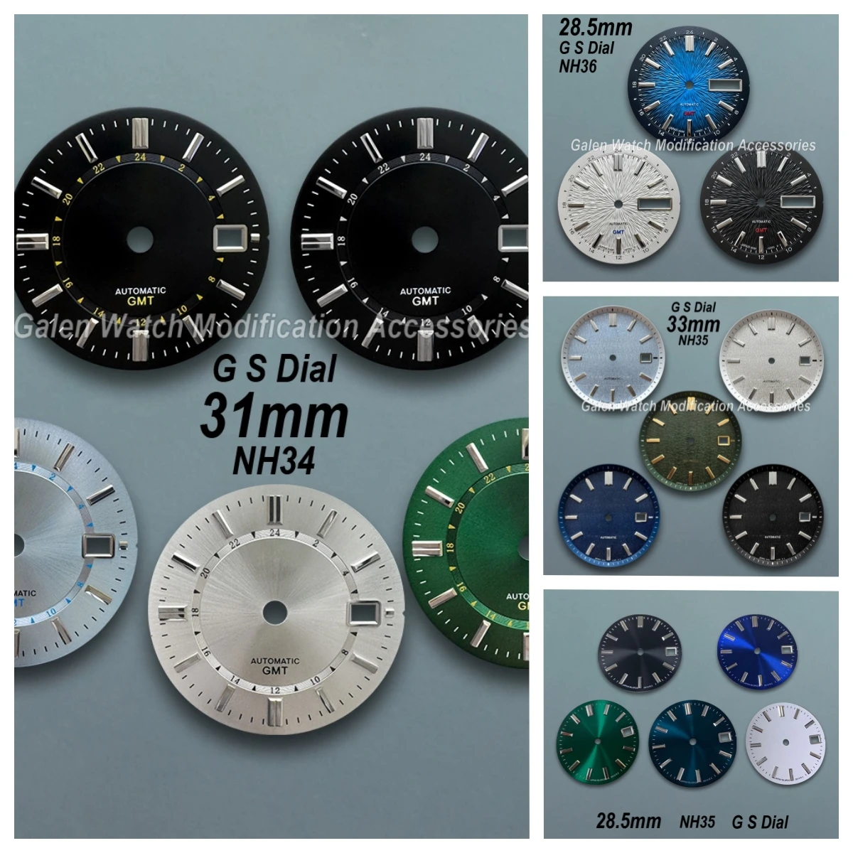 28.5mm/31mm/33mm G S Logo GMT Dial For NH34/NH35/MH36 Movement New Sunburst/Matte Watch Modification Accessories
28.5mm/31mm/33mm G S Logo GMT Dial For NH34/NH35/MH36 Movement New Sunburst/Matte Watch Modification Accessories
