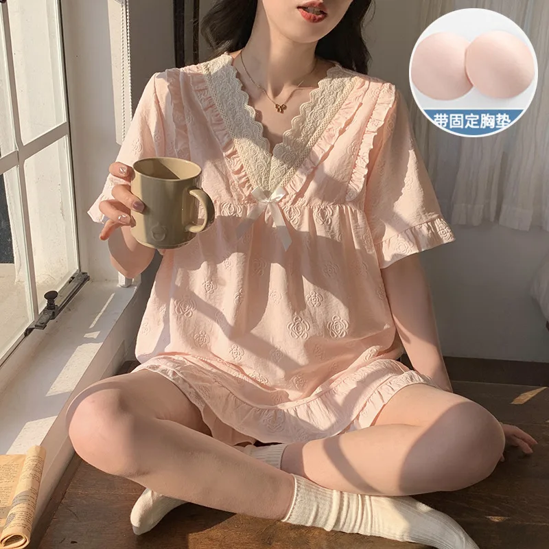 Пижамы в стиле принцессы, женские корейские летние пижамы с нагрудными подушечками, домашняя одежда, хлопковые шорты с рюшами и короткими рукавами, наряды
Пижамы в стиле принцессы, женские корейские летние пижамы с нагрудными подушечками, домашняя одежда, хлопковые шорты с рюшами и короткими рукавами, наряды
