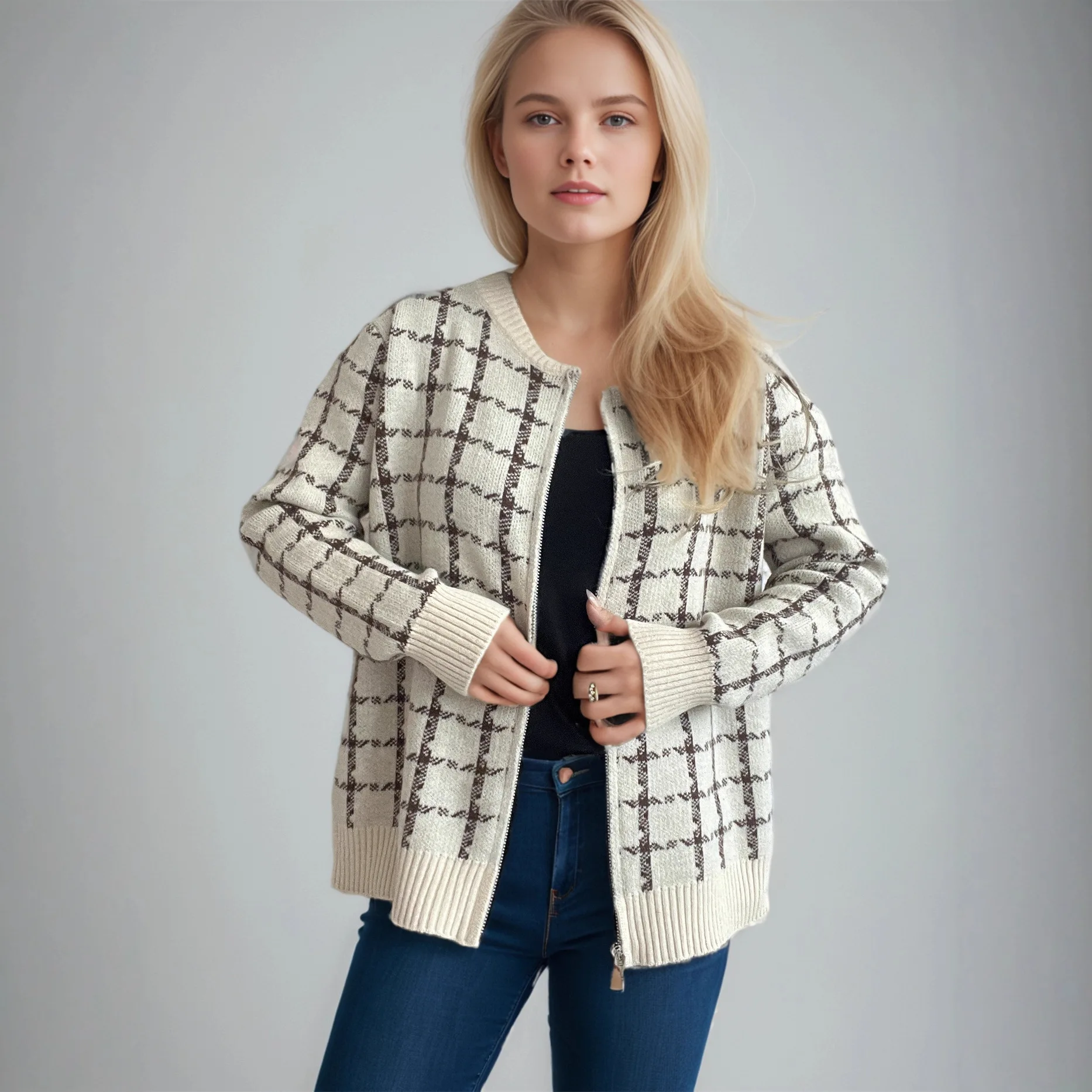 Vintage Plaid Knitted Sweater Coat Women Casual Long Sleeve O Neck Zipper Knitwear Cardigan Coats Commuting Clothing Female New
Vintage Plaid Knitted Sweater Coat Women Casual Long Sleeve O Neck Zipper Knitwear Cardigan Coats Commuting Clothing Female New