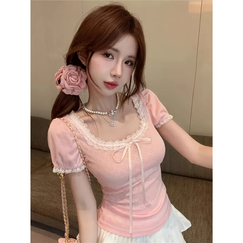 French Puff Sleeve, Bow Short Sleeve-Shirt, Women'S Summer Chic Sweet Spicy Lace U-Neck Unique Exquisite Top, Cute Lace
French Puff Sleeve, Bow Short Sleeve-Shirt, Women'S Summer Chic Sweet Spicy Lace U-Neck Unique Exquisite Top, Cute Lace