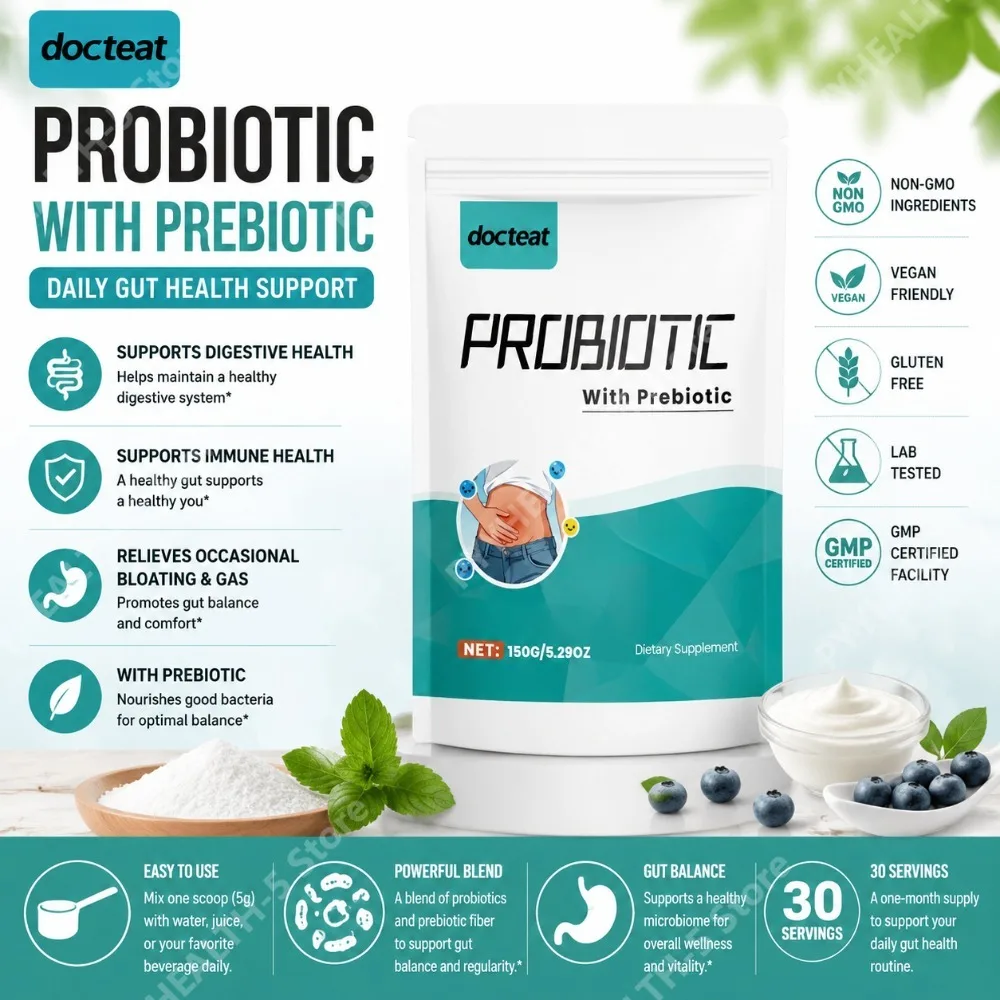 Docteat Probiotic Powder with Prebiotic, 5g Scoop, 30 Servings, 150g Net Weight, Supports Digestive Balance, Daily Energy Levels
Docteat Probiotic Powder with Prebiotic, 5g Scoop, 30 Servings, 150g Net Weight, Supports Digestive Balance, Daily Energy Levels