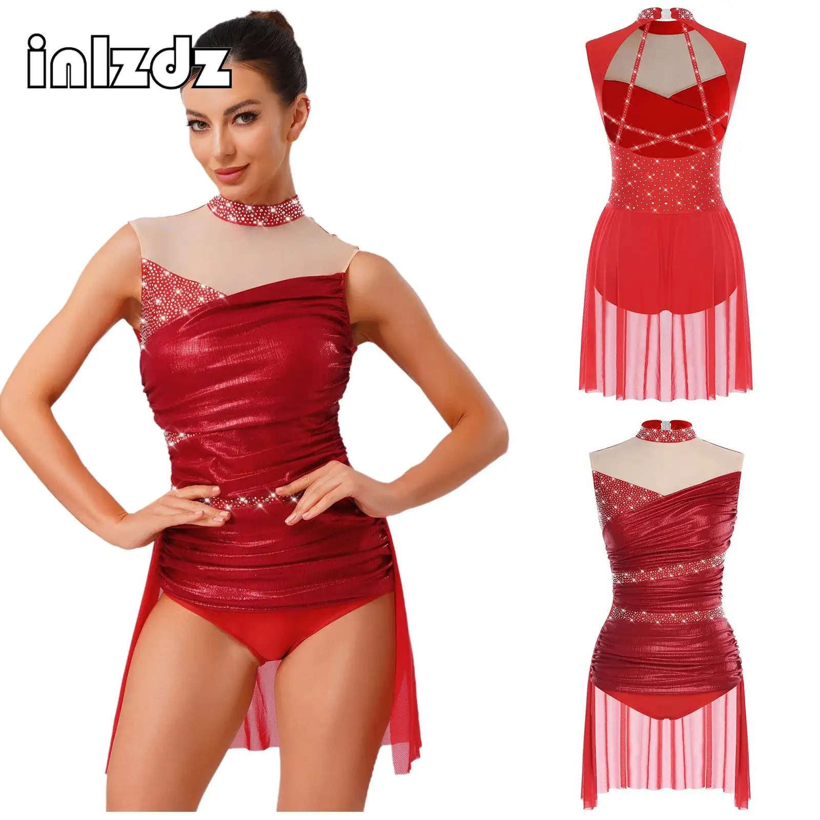 New Style Womens Lyrical Latin Dance Leotard Fashion Rhinestones Sleeveless Back Mesh Skirt Ruched Bodysuit Modern Dance Costume 
New Style Womens Lyrical Latin Dance Leotard Fashion Rhinestones Sleeveless Back Mesh Skirt Ruched Bodysuit Modern Dance Costume