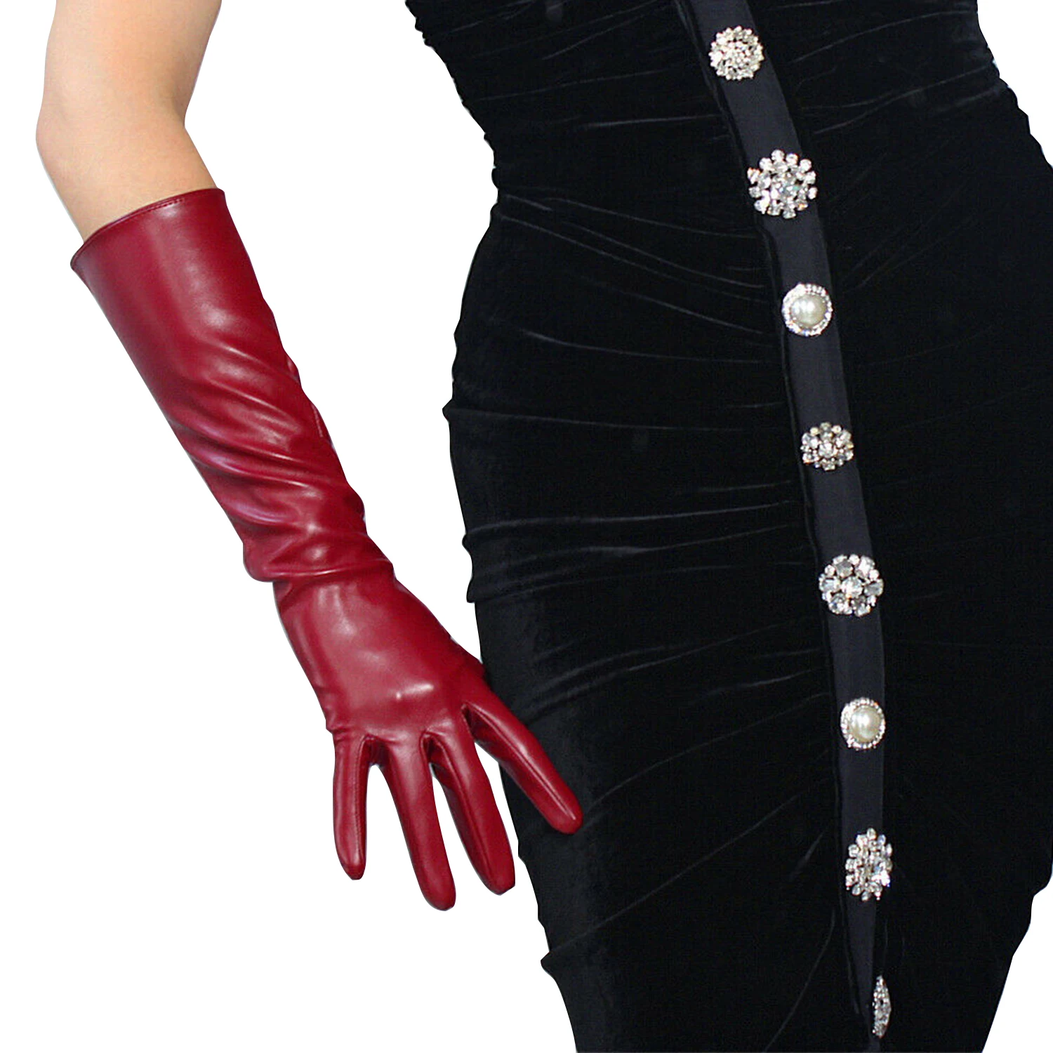 

DooWay Women's Burgundy Long Leather Gloves Elbow Length Dark Red Wine Stretchy Faux Leather PU Party Costume Dressing Glove