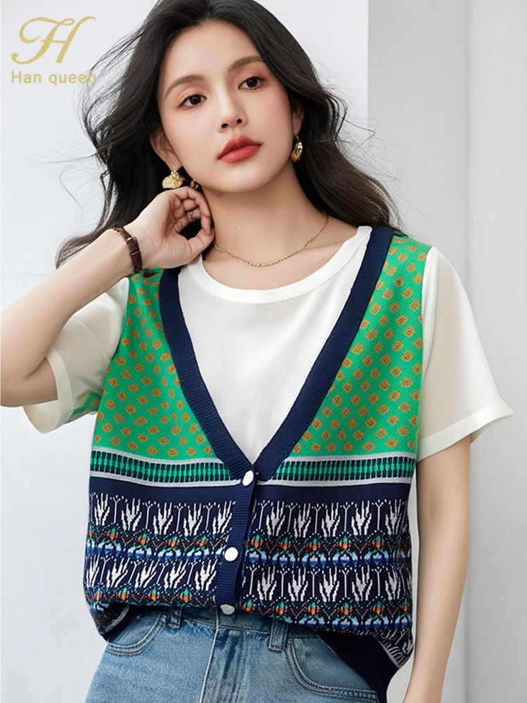 H Han Queen Summer Basic T-Shirts Women Knit Vintage Color Match Work Casual Tops Korean Short Sleeve Knitted Tee Woman Clothing
H Han Queen Summer Basic T-Shirts Women Knit Vintage Color Match Work Casual Tops Korean Short Sleeve Knitted Tee Woman Clothing